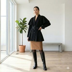 Vintage Massimo 1980s Black Suede Capelet Belted Power Jacket - Large